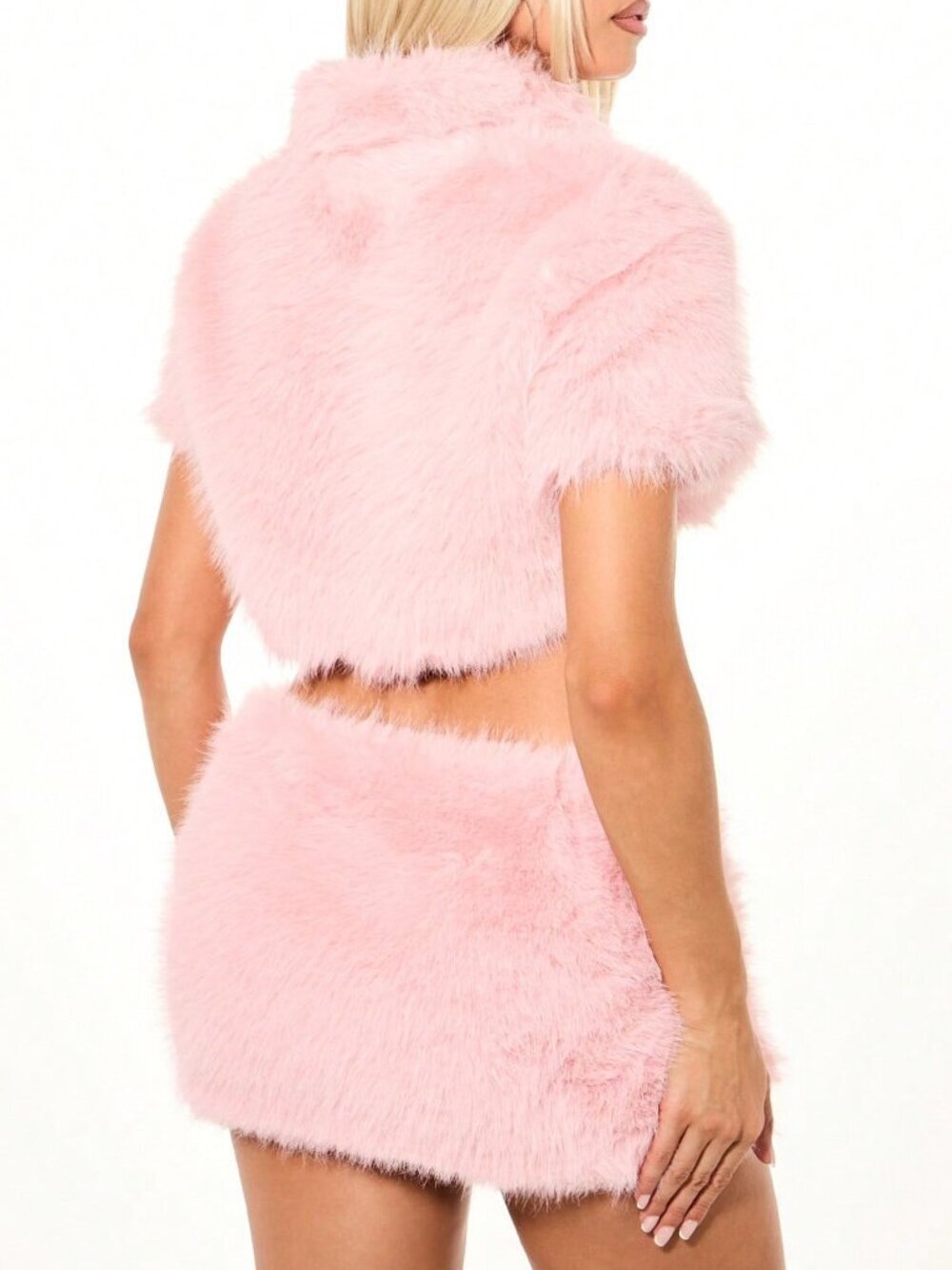 Baby Pink Faux Fur Oversized Women's Short Sleeve Buckle Detail Jacket - Picture 2 of 6